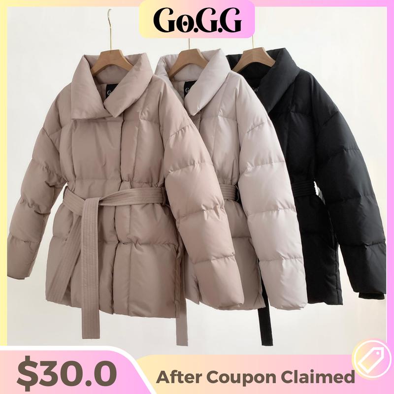 Go.G.G Mid Length Belted Puffer Jacket Womenswear Coats, Winter Warm Classic Solid Color Quilted Outerwear Tops, Button Front Full Zip Long Sleeve Coats for Women with Deep Pockets