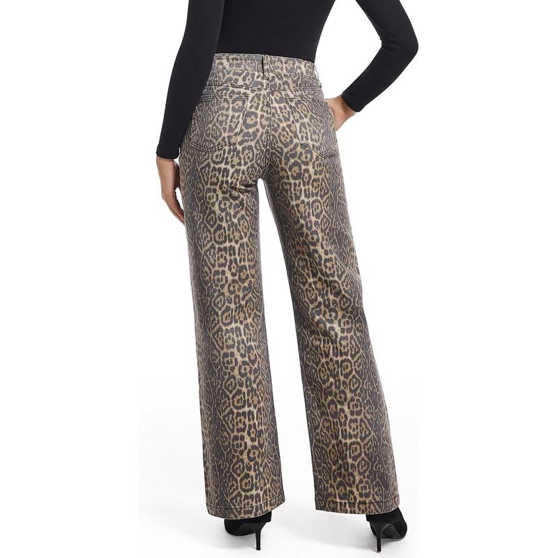 Women's Jeans Straight Leg Casual High Waisted Stretch Trendy Leopard Pull On Jeans for Women