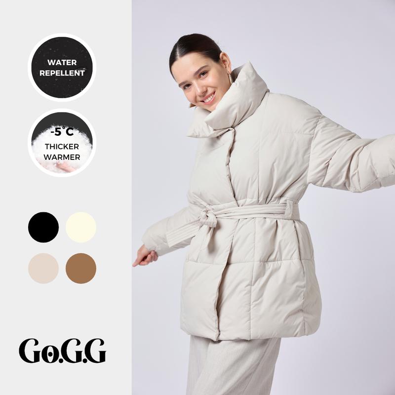 Go.G.G Mid Length Belted Puffer Jacket Womenswear Coats, Winter Warm Classic Solid Color Quilted Outerwear Tops, Button Front Full Zip Long Sleeve Coats for Women with Deep Pockets