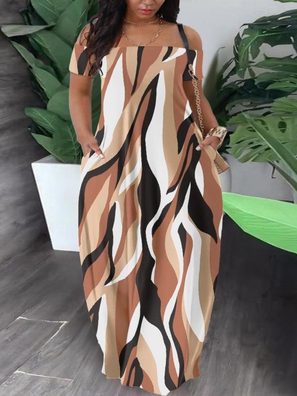  All Over Print Off Shoulder Camo Dress, Casual Loose Short Sleeve Long Dress for Summer, Back To School Outfits, Dresses for Women, Summer Dresses 2024, Women's Clothes for Daily Wear, Plus Size Fall Outfits 2024， Moo Moo Dresses