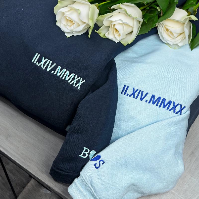 Roman Numeral Date Matching Custom Embroidered Couple Sweatshirt with Anniversary Date & Initial Heart On Sleeve