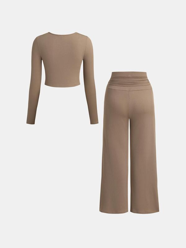 YOZY Christmas Deals Two-Piece Set Women's Solid Textured Top & Wide Leg Pants, Casual Long Sleeve Square Neck Top & Knot Front Trousers Set for Daily Wear, Christmas 2024 Trend, Christmas Outfits, Fall&Winter Outfits, Christmas Gift Ideas