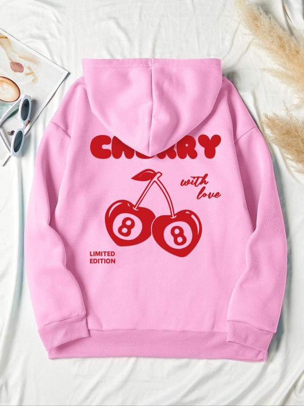 Women's Cherry & Letter Print Drop Shoulder Hoodie, Fashion Casual Drawstring Pocket Hooded Sweatshirt for Daily Holiday Outdoor Wear, Ladies Clothes for Fall & Winter, 90s Clothes