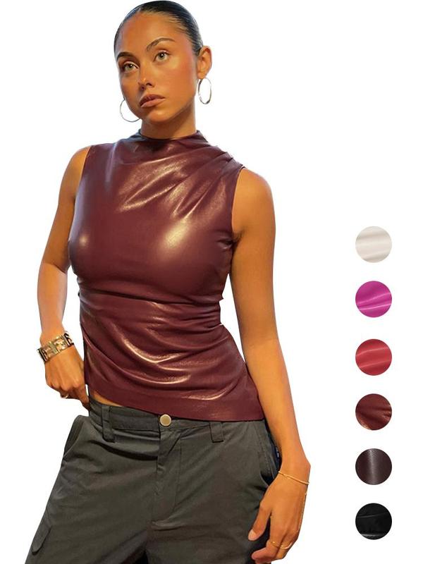 Women's Solid Ruched Mock Neck Asymmetrical Hem PU Leather Tank Top, Fall Outfits, Lady Comfort Casual Zipper Back Tummy Flattering Tops for Club Party Daily Outdoor Wear, Tank Tops for Women, Ladies Clothes for Fall Office Siren Outfit