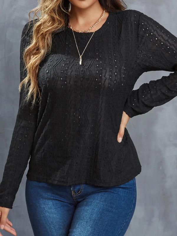 Women's Plain Eyelet Embroidery Round Neck Tee, Casual Long Sleeve Crew Neck T-shirt for Spring & Fall, Fashion Women's Top for Daily Wear