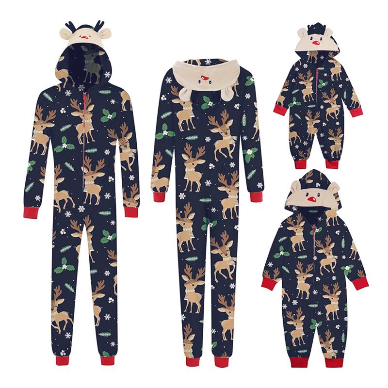 2024 New Cute Christmas Family Matching Jumpsuit Pajamas , Long Sleeve Hooded Elk Print Zipper Closure Homewear Sleepwear Loungewear Nightwear Xmas Pj's Clothes Womenswear Baby