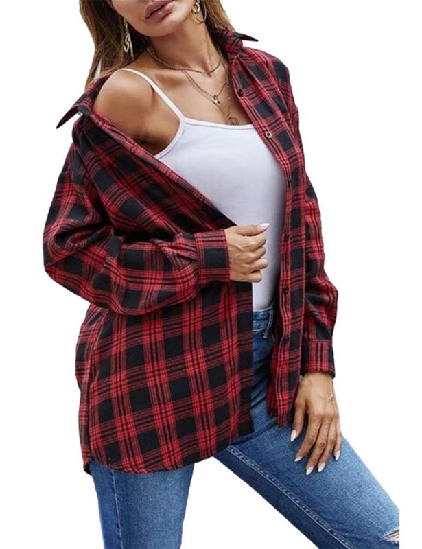 Zontroldy Plaid Flannel Shirts for Women Oversized Long Sleeve Button Down Buffalo Plaid Shirt Blouse Tops knitted shirt vintage tops Womenswear Casual Collared