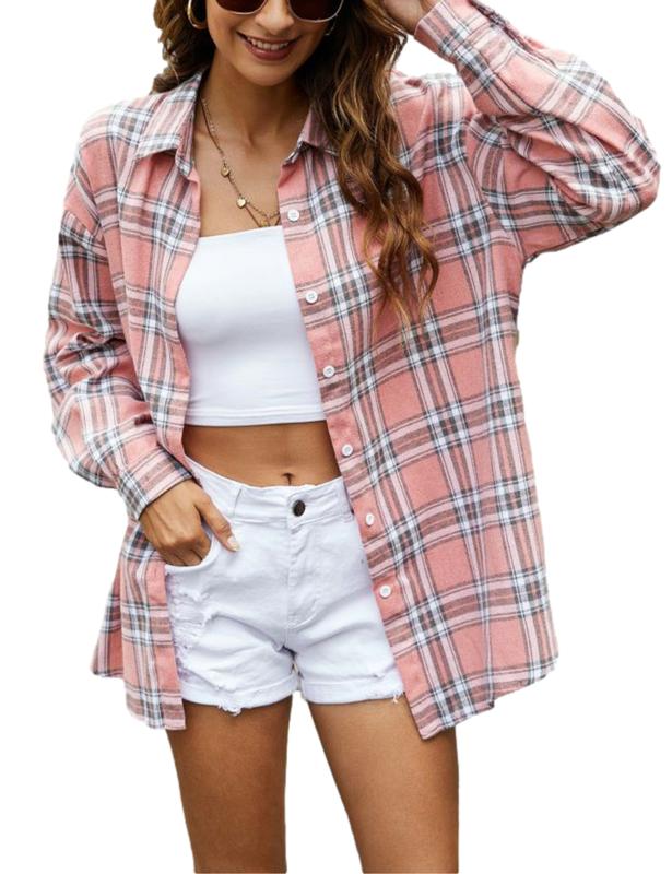 Zontroldy Plaid Flannel Shirts for Women Oversized Long Sleeve Button Down Buffalo Plaid Shirt Blouse Tops knitted shirt vintage tops Womenswear Casual Collared