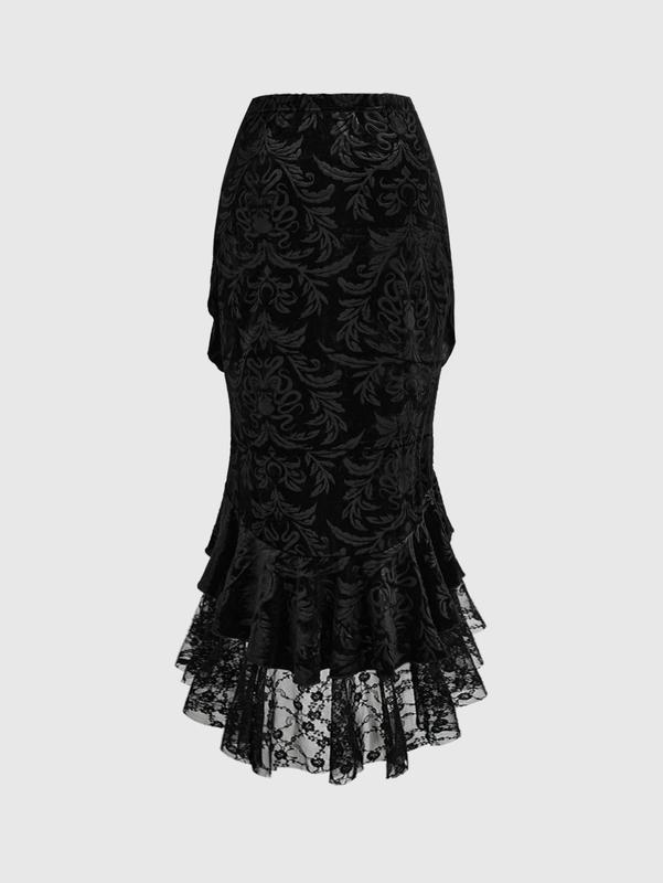 ROMWE Goth Elegant And Luxurious Palace Style Lace Applique Decorated Skull Embossed Velvet Spliced Lace Hem Women's Mermaid Skirt