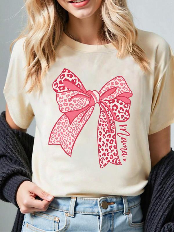 Women's Bow & Leopard Print Round Neck Tee, Trendy Casual Short Sleeve T-shirt for Daily Wear, Ladies Summer Outfit