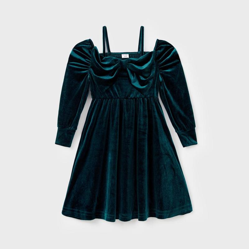 PatPat Dark Green Matching Family Outfits Bowknot Bardot Dress or Formal Shirt