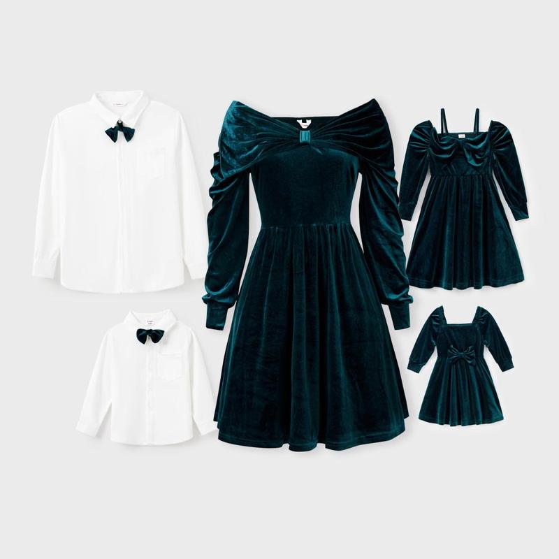 PatPat Dark Green Matching Family Outfits Bowknot Bardot Dress or Formal Shirt