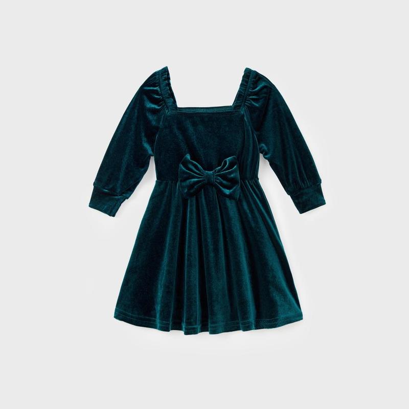 PatPat Dark Green Matching Family Outfits Bowknot Bardot Dress or Formal Shirt