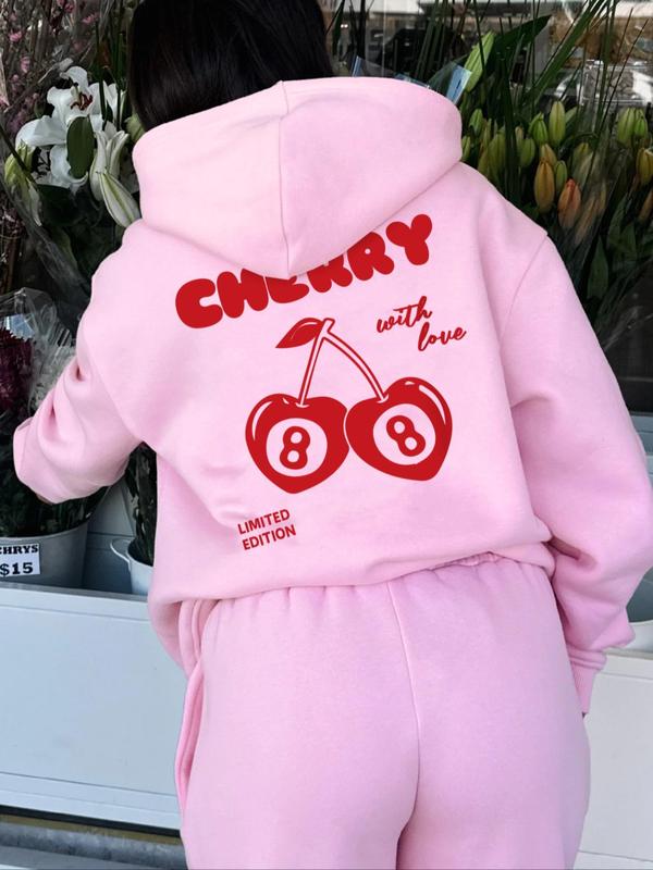 Women's Cherry & Letter Print Drop Shoulder Hoodie, Fashion Casual Drawstring Pocket Hooded Sweatshirt for Daily Holiday Outdoor Wear, Ladies Clothes for Fall & Winter, 90s Clothes