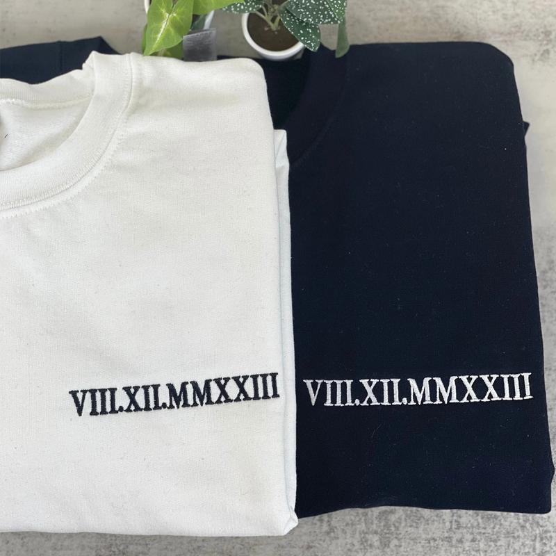 Roman Numeral Date Matching Custom Embroidered Couple Sweatshirt with Anniversary Date & Initial Heart On Sleeve