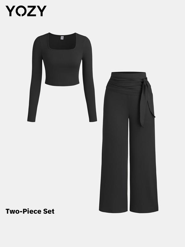 YOZY Christmas Deals Two-Piece Set Women's Solid Textured Top & Wide Leg Pants, Casual Long Sleeve Square Neck Top & Knot Front Trousers Set for Daily Wear, Christmas 2024 Trend, Christmas Outfits, Fall&Winter Outfits, Christmas Gift Ideas