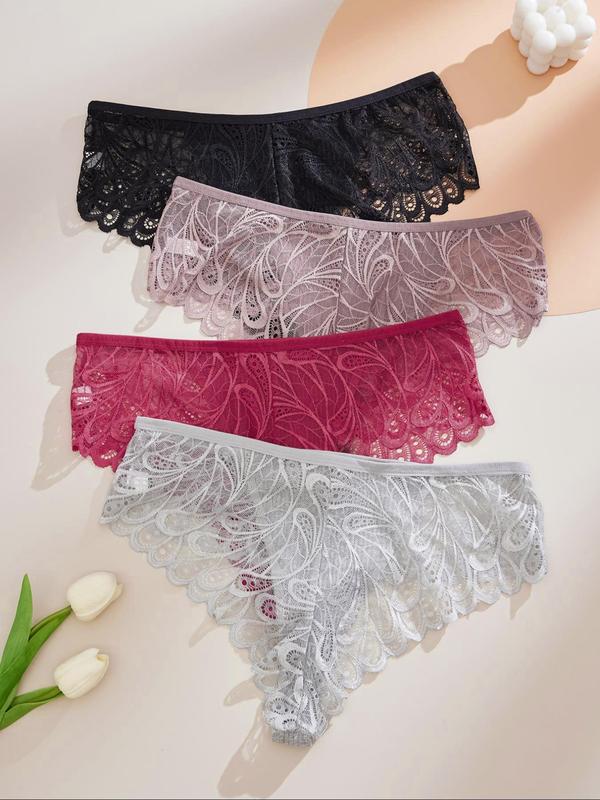  Contrast Lace Bow Decor Panty, Soft Comfy Breathable Scallop Design Knicker for Daily Wear, Women's Underwear for All Seasons