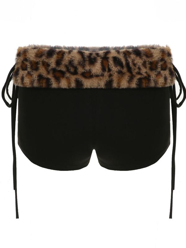 Women's Leopard Print Drawstring  Faux Fur Shorts, Casual Comfy Skinny Shorts for Summer, Fashion Women's Bottoms for Daily Wear