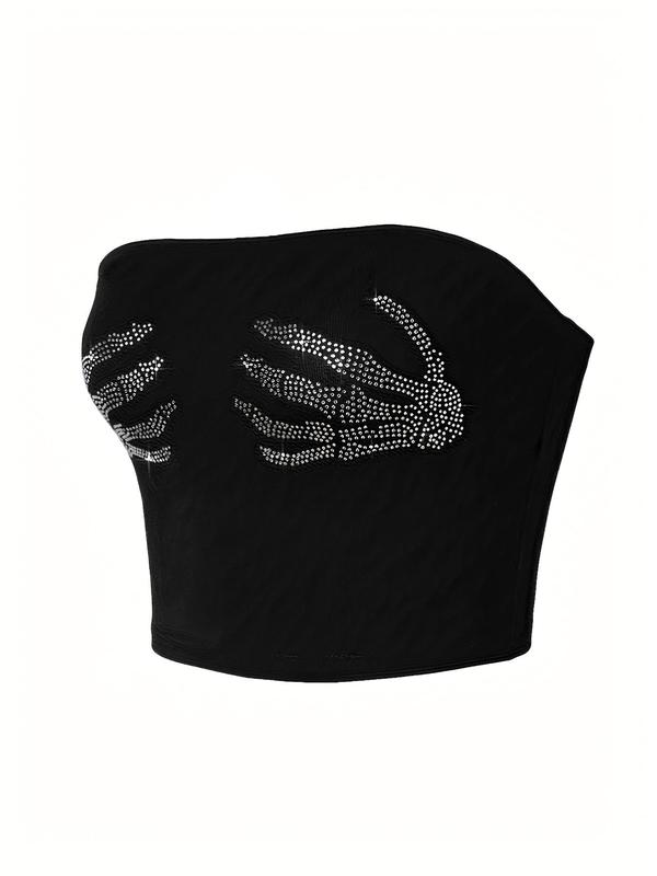 Women's Rhinestone Decorated Skeleton Hand Crop Tube Top, Fashionable Sleeveless Strapless Top for Daily Outdoor Wear, Ladies Clothes for Summer