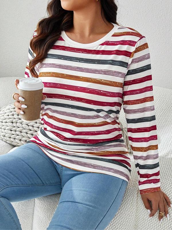  Striped Print Long Sleeve Tee, Casual Round Neck T-shirt for Fall & Winter, Women's Clothing for Daily Wear