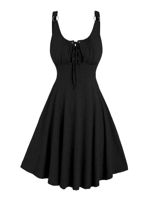 Women's Plain Lace Up Tie Front Tank Dress, Casual Sleeveless O-ring A Line Dress for Summer, Dresses for Women, Ladies Clothes for Daily Wear