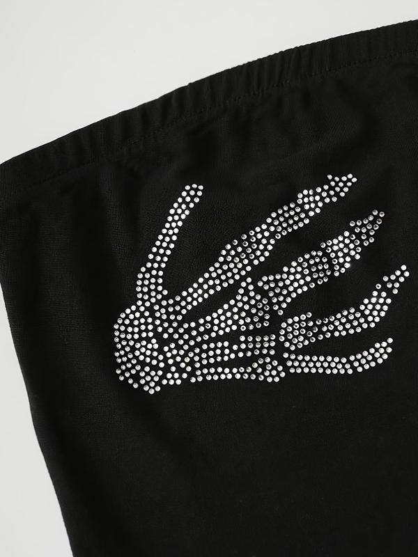 Women's Rhinestone Decorated Skeleton Hand Crop Tube Top, Fashionable Sleeveless Strapless Top for Daily Outdoor Wear, Ladies Clothes for Summer