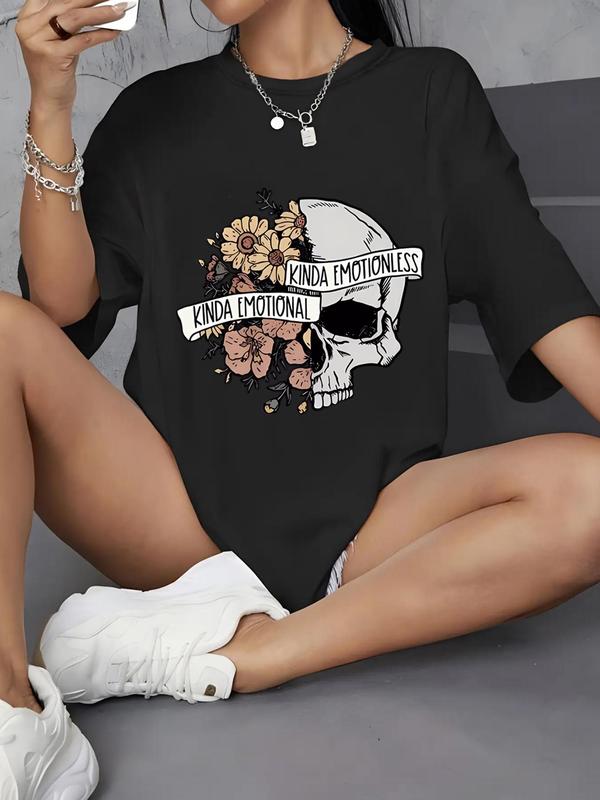 Women's Halloween Themed Cartoon Graphic Round Neck Tee, Trendy Casual Drop Shoulder Short Sleeve T-shirt for Daily Wear, Ladies Outfit