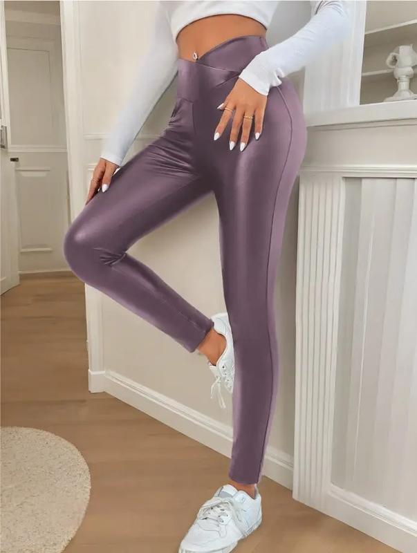 1pc Women's Solid Color Asymmetric Waistband PU Leather Leggings