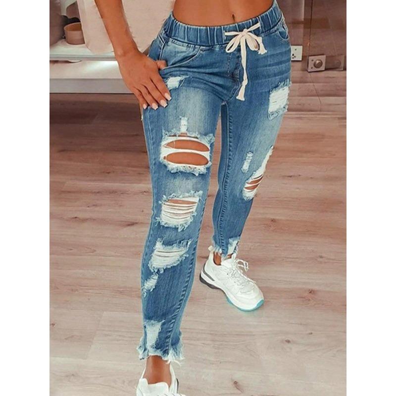 Women's Casual Elastic Mid Waist Tie Belt Slimming Hole Breaking Denim Trousers Womenswear