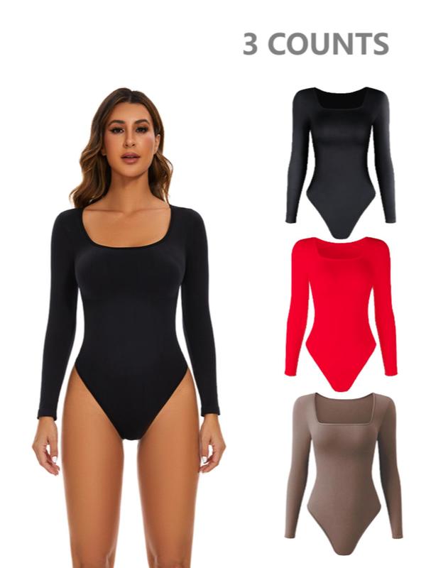 Women's Solid Square Neck Long Sleeve Shapewear Bodysuit, High Stretch Seamless Shaper, Tummy Control Butt Lifter, Ladies Shapewear for Daily Wear