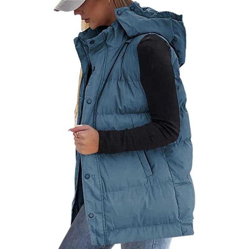 Fisoew Women's long Quilted Vest hooded sleeveless Button Down puff vest cotton padded jacket winter coat