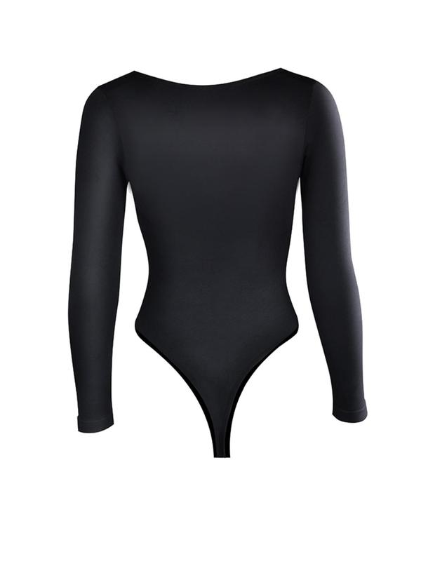 Women's Solid Square Neck Long Sleeve Shapewear Bodysuit, High Stretch Seamless Shaper, Tummy Control Butt Lifter, Ladies Shapewear for Daily Wear