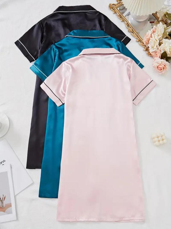 Women's Contrast Binding Button Front Satin Pyjama Sleep Dress, Casual Comfy Short Sleeve Lapel Neck Pocket Nightdress, Modest Sleep Dress, Ladies Sleepwear for All Seasons