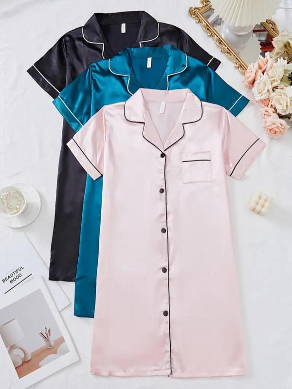 Women's Contrast Binding Button Front Satin Pyjama Sleep Dress, Casual Comfy Short Sleeve Lapel Neck Pocket Nightdress, Modest Sleep Dress, Ladies Sleepwear for All Seasons