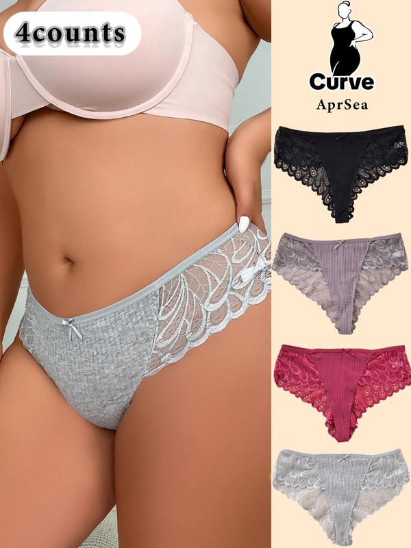  Contrast Lace Bow Decor Panty, Soft Comfy Breathable Scallop Design Knicker for Daily Wear, Women's Underwear for All Seasons