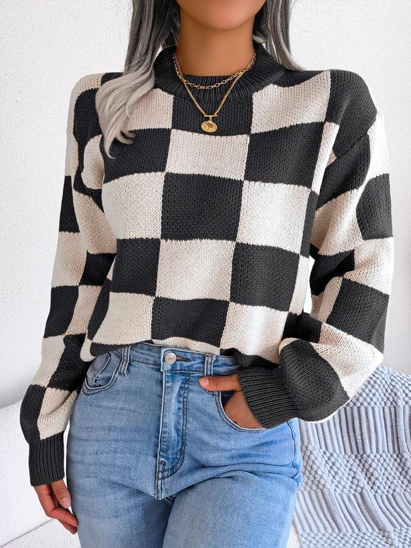 Plaid Print Drop Shoulder Longsleeves Crewneck Sweater, Y2k Clothing, Lady Street Long Sleeve Round Neck Jumper, Comfort Knitting Womenswear, Sweaters for Women