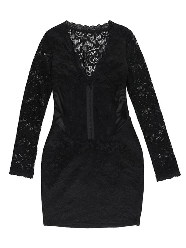 Women's Plain Hooks Front Sheer Lace Bodycon Dress, Sexy Long Sleeve Deep V Neck Mini Dress for Party Club Dating Wear, Women's Clothing for Fall & Winter