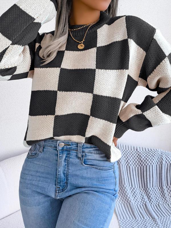 Plaid Print Drop Shoulder Longsleeves Crewneck Sweater, Y2k Clothing, Lady Street Long Sleeve Round Neck Jumper, Comfort Knitting Womenswear, Sweaters for Women