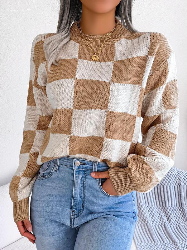 Plaid Print Drop Shoulder Longsleeves Crewneck Sweater, Y2k Clothing, Lady Street Long Sleeve Round Neck Jumper, Comfort Knitting Womenswear, Sweaters for Women