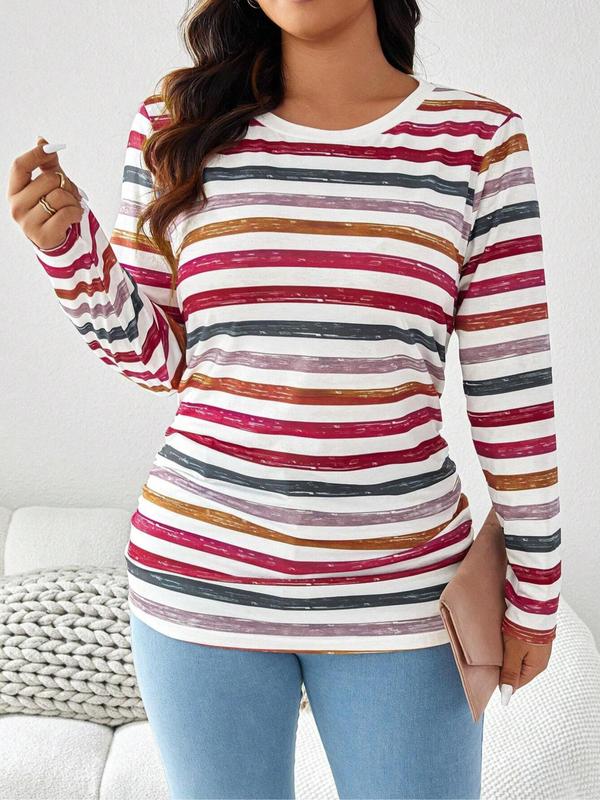  Striped Print Long Sleeve Tee, Casual Round Neck T-shirt for Fall & Winter, Women's Clothing for Daily Wear