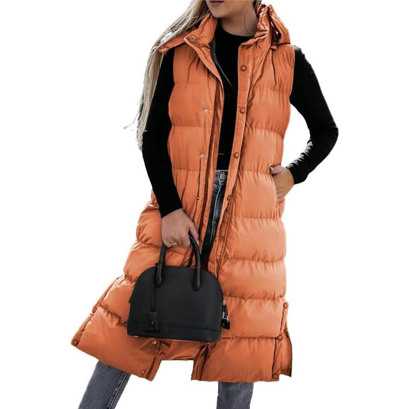 Fisoew Women's long Quilted Vest hooded sleeveless Button Down puff vest cotton padded jacket winter coat