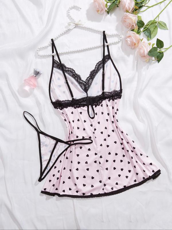 Plus Size Heart Print Contrast Lace Scallop Trim Cami Nightdress & Thong Loungewear Set, Casual Adjustable Strap Nighty Dress & Panty Set, Women's Plus Size Sleepwear for Summer