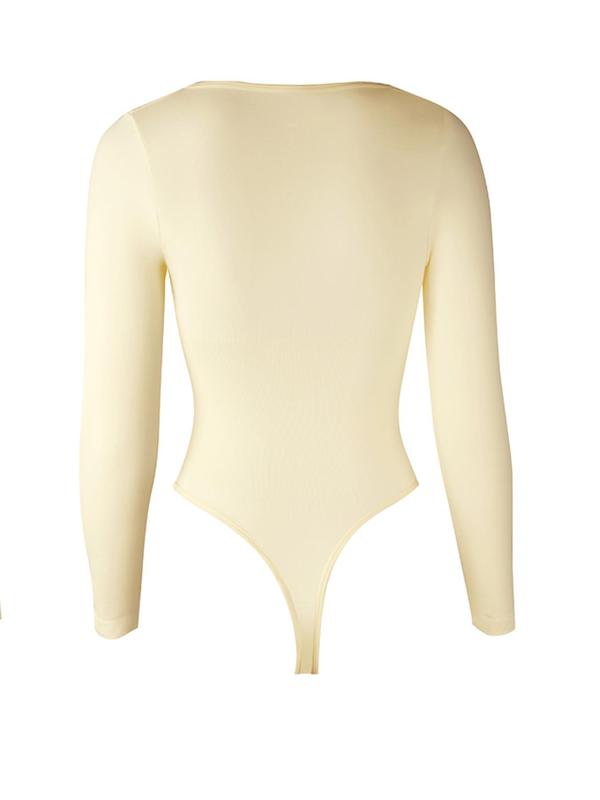 Women's Solid Square Neck Long Sleeve Shapewear Bodysuit, High Stretch Seamless Shaper, Tummy Control Butt Lifter, Ladies Shapewear for Daily Wear