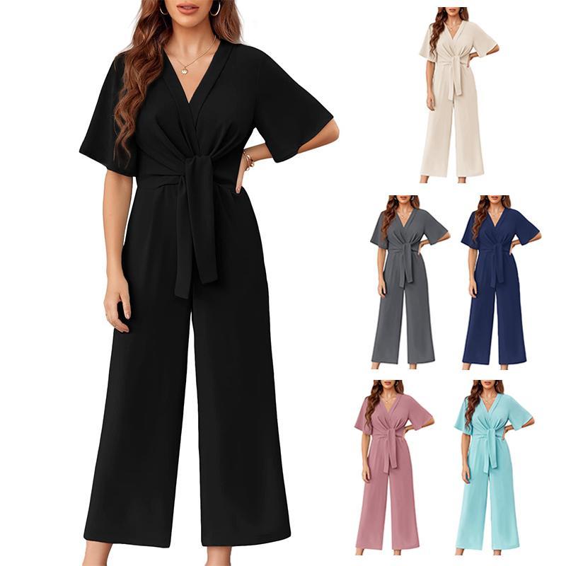 Fisoew Womens Wide Leg Jumpsuits Short Sleeve V Neck Tie Knot High Waist Summer Long Romper