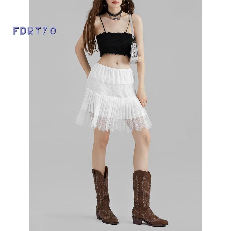 Women's Fashion Mini Skirts Mid-Rise Pleated Lace Skirts Spring Summer Casual Short Skirts pleated skirt outfits slip  skirt dress