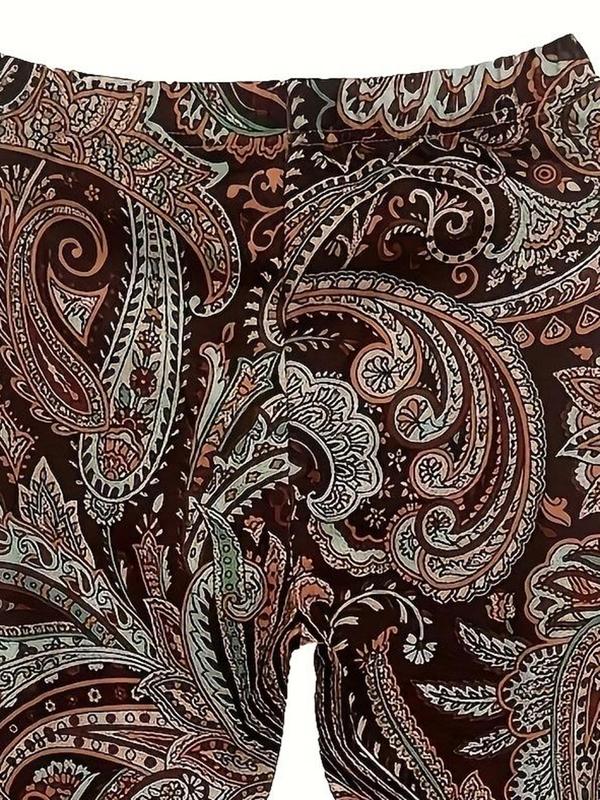 Plus Size Paisley Print Leggings, Boho Casual Comfy Elastic Waist Skinny Pants for Daily Holiday Vacation Wear, Women Plus Clothing for Summer Spring Fall