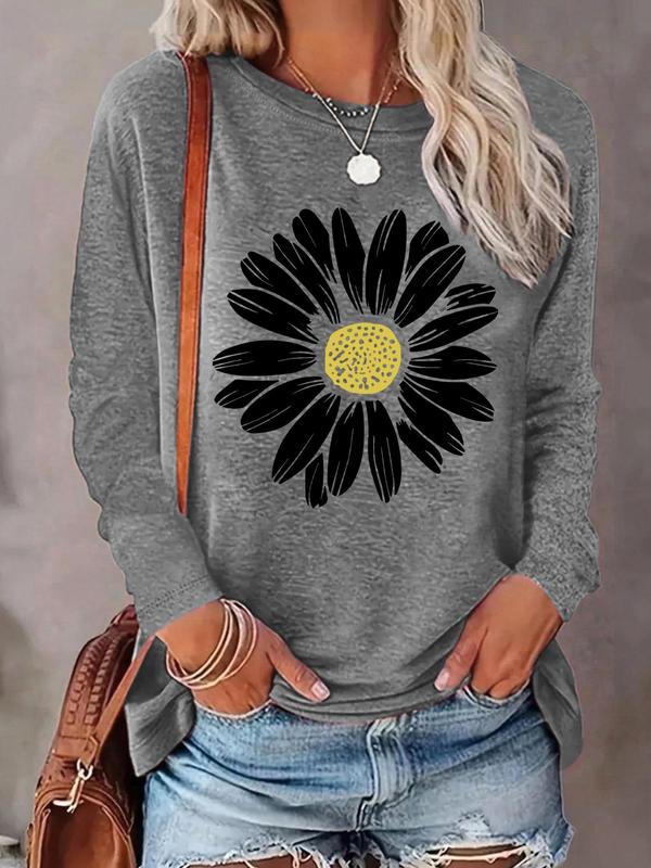 Women's Floral Print Round Neck T-shirt, Casual Long Sleeve Crew Neck Tee for Daily Wear, Ladies Clothes for All Seasons, Fall Tops