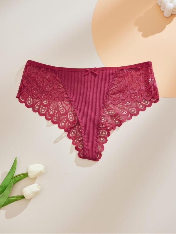  Contrast Lace Bow Decor Panty, Soft Comfy Breathable Scallop Design Knicker for Daily Wear, Women's Underwear for All Seasons