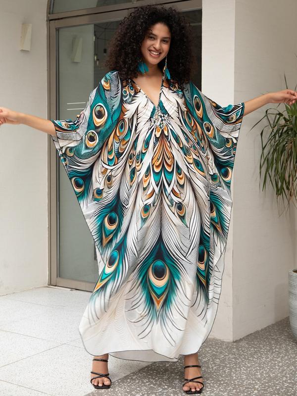 Plus Size Peacock Feather & Striped Print Ruched Split Batwing Sleeve Kaftan Dress, Boho Casual V Neck Long Sleeve Dress for Beach Vacation Holiday, Women's Clothes for All Seasons