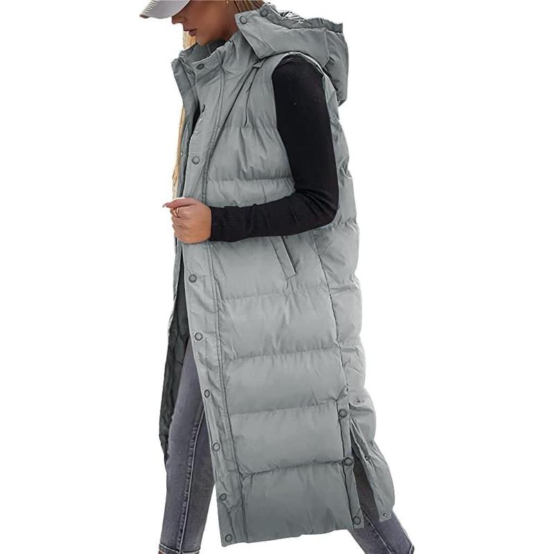 Fisoew Women's long Quilted Vest hooded sleeveless Button Down puff vest cotton padded jacket winter coat